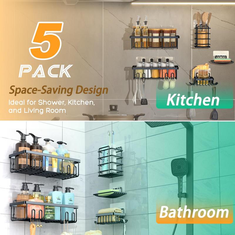 Shower Caddy 5 Pack, Adhesive Shower Organizer for Bathroom & Home & Kitchen, Rustproof Stainless Steel Shower Shelves with Hooks Racks