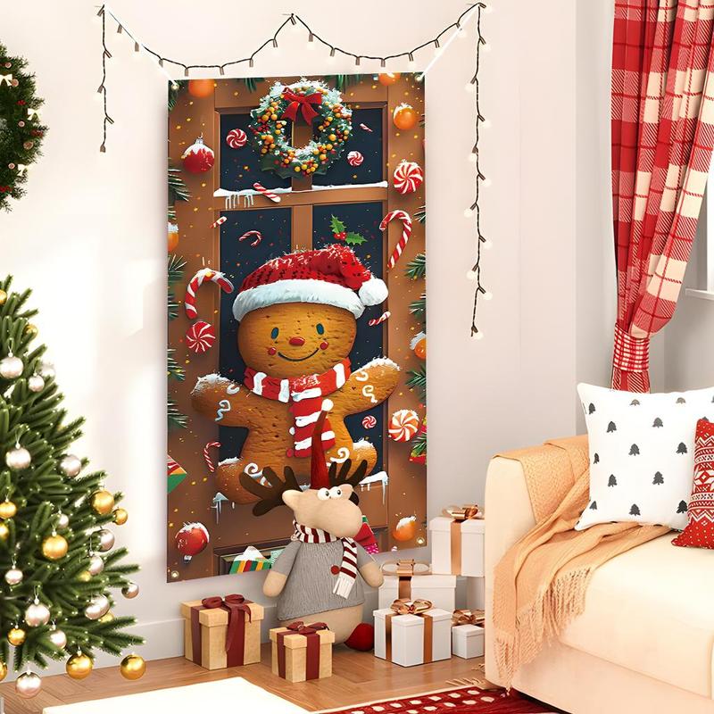 Gingerbread Man Pattern Door Cover, 1 Count Christmas Themed Door Decoration, Door Hanging Decoration for Home Living Room Bedroom, Home Decor