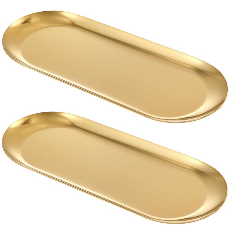 2PACK Gold Decorative Tray, Bathroom Vanity Tray for Dresser Counter, Kitchen Sink Tray for Soap Dispensers, Stainless Steel Jewelry Tray, Perfume Ring Key Candle Organizer Tray, Oval Gift Glass