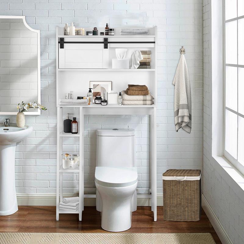 SULIVES Over The Toilet Storage with Cabinet, Sliding Barn Door, Side Storage Open Rack, Mass-Storage Over Toilet with Hooks Bathroom Organizer for Bathroom, Restroom, Laundry, White