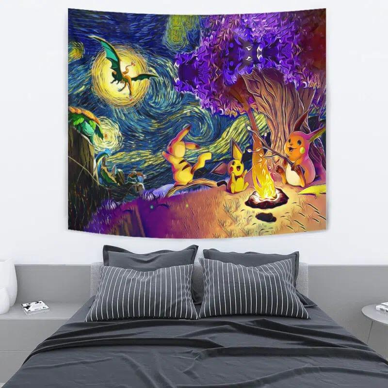 Pokemon Starry Night Campfire Tapestry for Living Room Bed Room