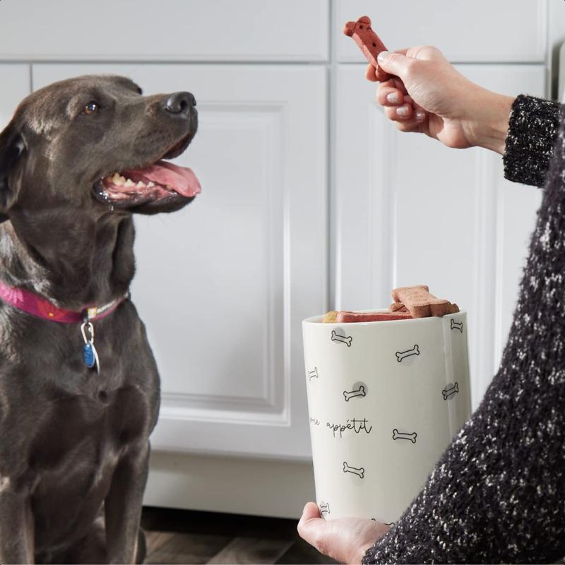 Bone Appetite Treat Jar, Ceramic and Wood Pet Treat Canister, Modern Neutral Color Home Kitchen Accessories, Dishwasher Safe, Silicone Seal Lid For Freshness, Dog Biscuit Storage