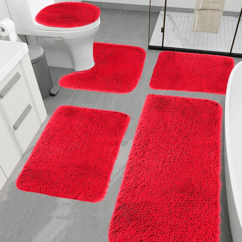 Bathroom Rugs Sets 5 Piece, Red Microfiber Luxury Shaggy Bathroom Mats Set Extra Thick, Mixed Color Non Slip Bath Mats for Bathroom, Water Absorbent, Washable Khaki Bath Rugs for Tub, Toilet and Floor area rug