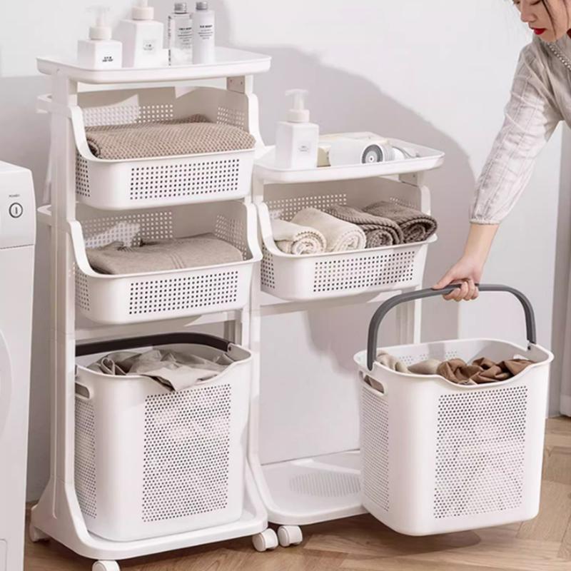 Wellgolife 3-Layers - Bathroom Laundry Basket with Wheels , Clothes Storage Organiser, Household Kitchen Shelf Fruit Stand