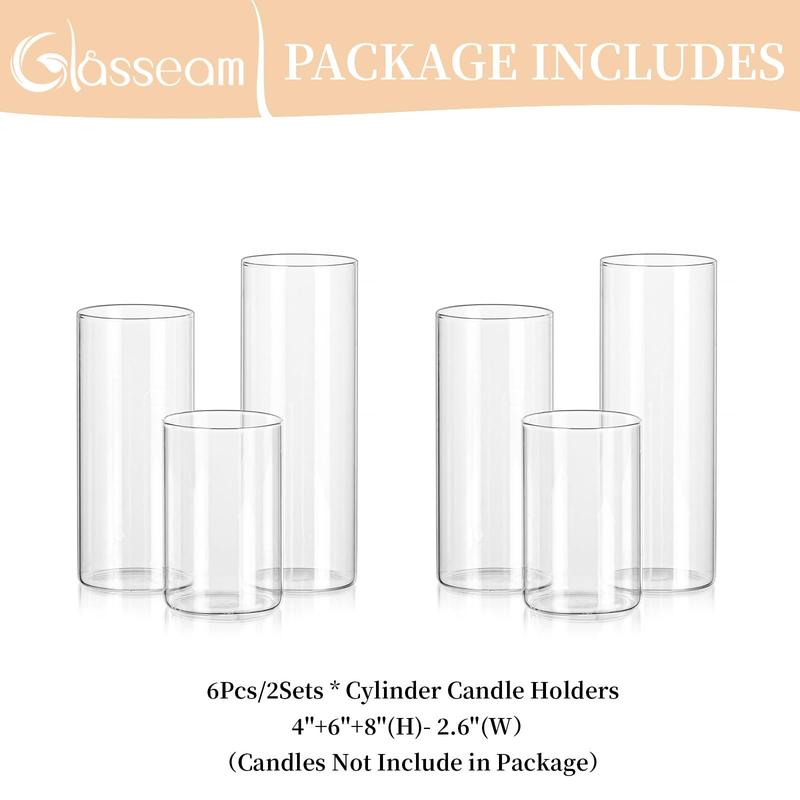 Glasseam Hurricane Glass Candle Holders Set of 6, Clear Cylinder Candle Holders for Pillar Candles, Modern Floating Candles for Centerpieces Vases, Candle Holders for Table Centerpiece, 4