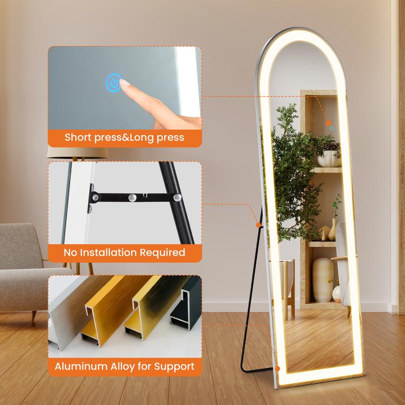 PINGO Full Mirror, LED Light Adjustable Stand Mirror with 3 Colors Temperature and Smart Touch Button, HD Detail Mirror for Home Living Room& Bathroon Bedroom, 64