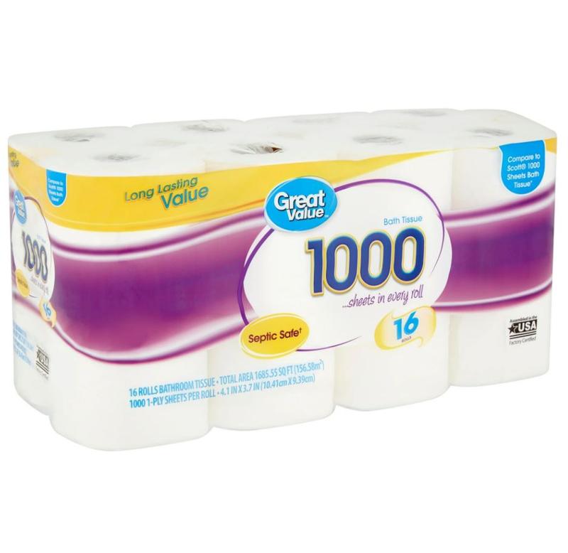 Great Value 1000 Bath Tissue Rolls, 16 Rolls