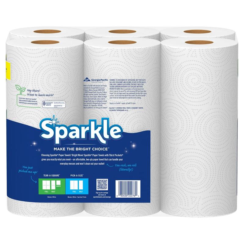 Sparkle Tear-a-Square Paper Towels, 6 Double Rolls