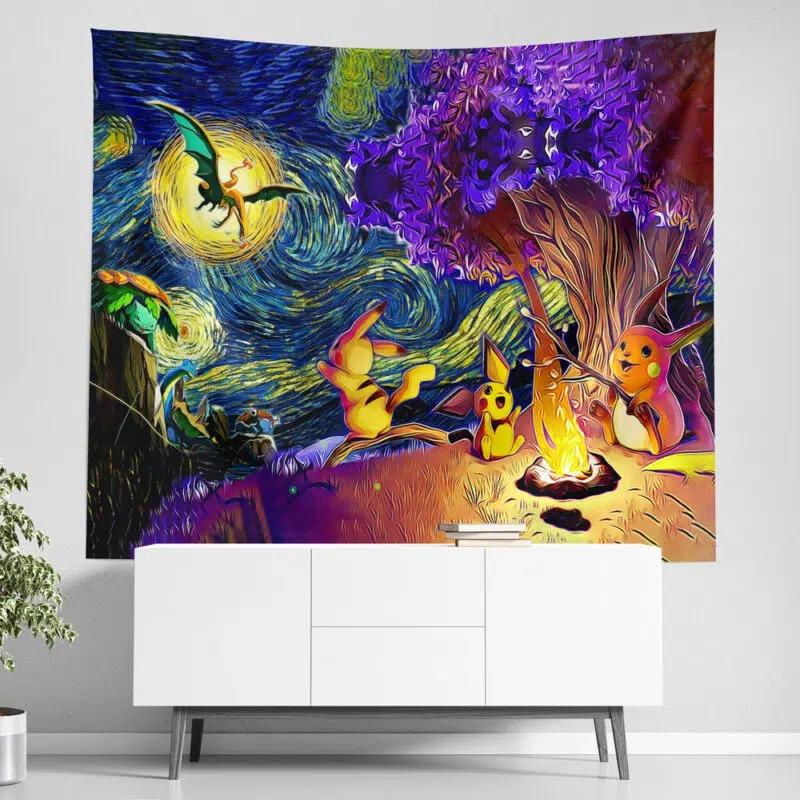 Pokemon Starry Night Campfire Tapestry for Living Room Bed Room