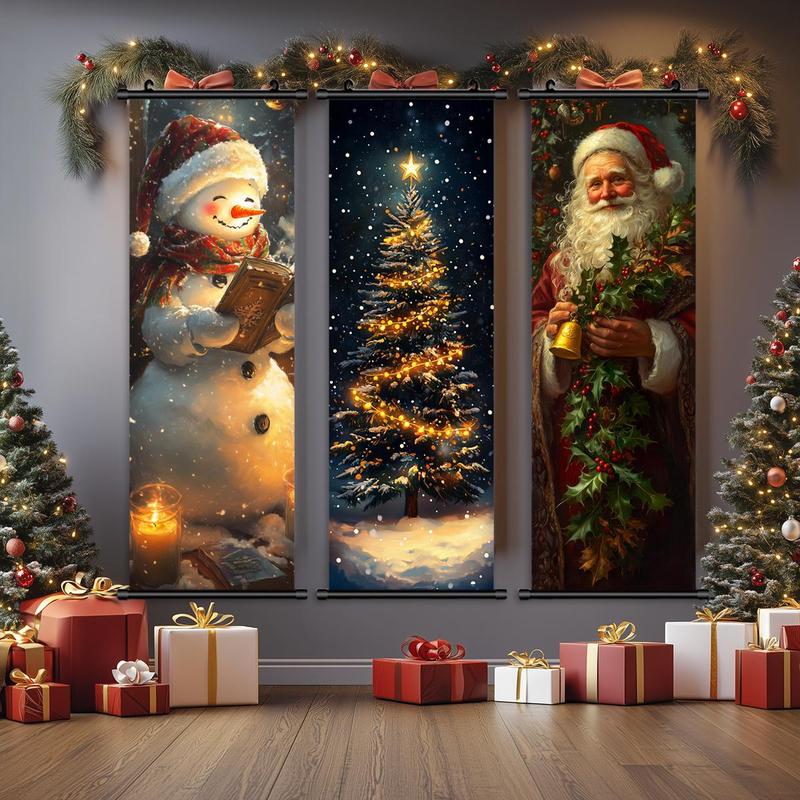 Christmas Themed Hanging Banner, 3 Counts set Santa Claus & Christmas Tree Pattern Wall Decor, Wall Art for Home Living Room Bedroom Decor