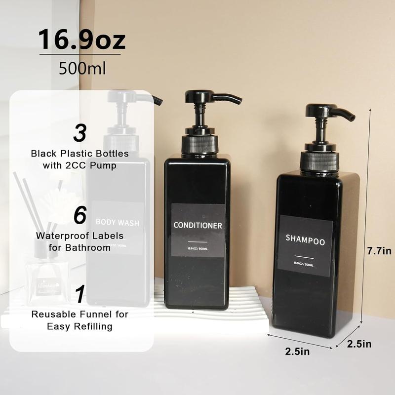 Shampoo and Conditioner Dispenser, Refillable Plastic Shampoo Pump Bottles with  Labels, Empty  Wash Dispenser Set for Bathroom, Shower Soap Dispenser (Black, Set of 3, 16.9oz)