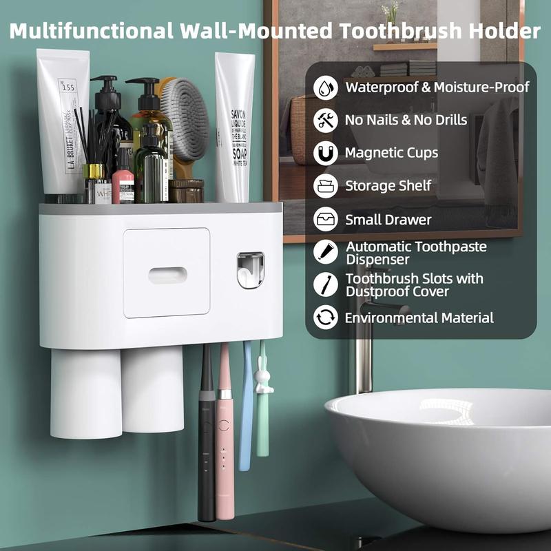 Wall Mounted Toothbrush Holder with Automatic Toothpaste Dispenser and Squeezer Kit - 4 Brush Slots, 2 Cups, 1 Cosmetic Drawer for Bathroom and Vanity