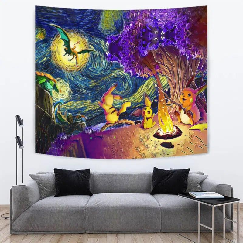 Pokemon Starry Night Campfire Tapestry for Living Room Bed Room