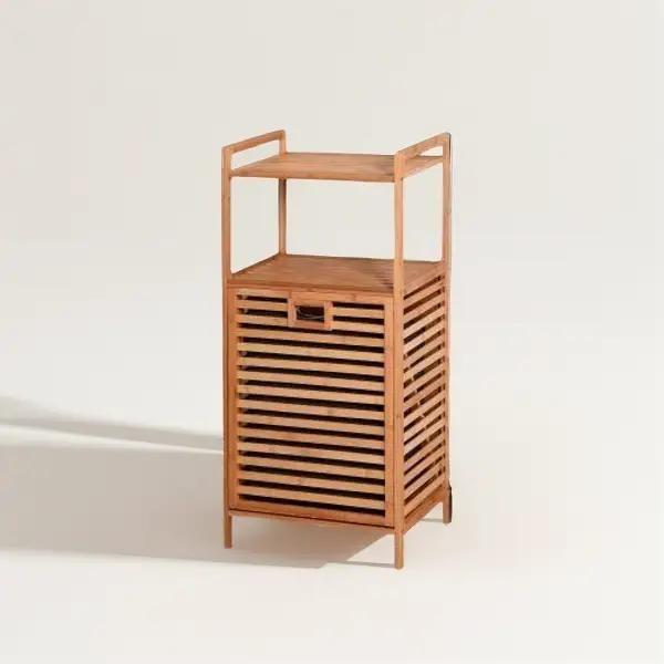 LEROY MORGAN Bathroom Laundry Basket Bamboo Storage Basket with 2-tier Shelf 17.32 x 13 x 37.8 inch Natural Style