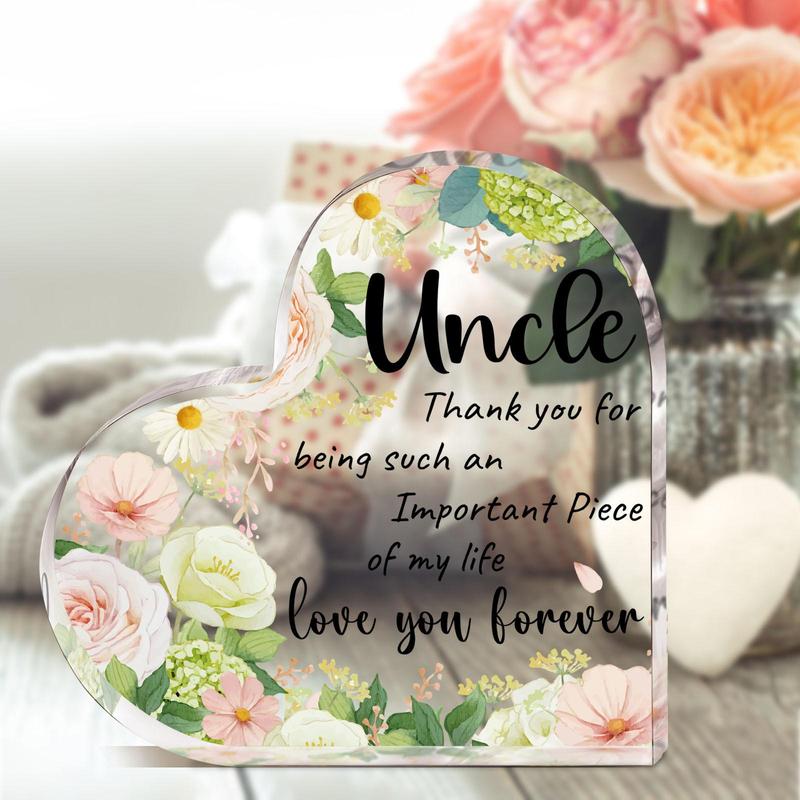 Flowers & Letters Pattern Acrylic Ornament, 1 Count Thank You Heart Shaped Gifts for Uncle, Desk Signs Ornaments for Table Tops