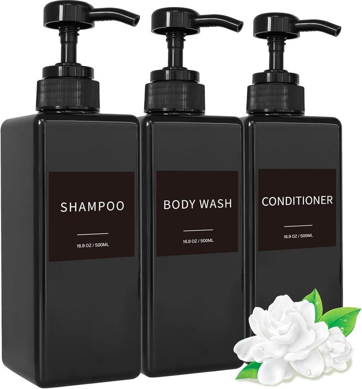 Shampoo and Conditioner Dispenser, Refillable Plastic Shampoo Pump Bottles with  Labels, Empty  Wash Dispenser Set for Bathroom, Shower Soap Dispenser (Black, Set of 3, 16.9oz)