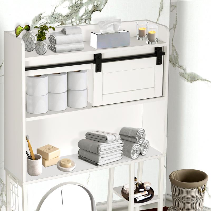 SULIVES Over The Toilet Storage with Cabinet, Sliding Barn Door, Side Storage Open Rack, Mass-Storage Over Toilet with Hooks Bathroom Organizer for Bathroom, Restroom, Laundry, White