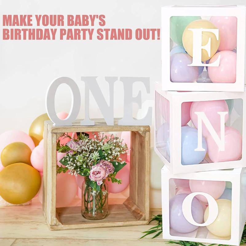 First Birthday Balloons Boxes for Boy or Girl 'ONE' Letters Individual Three White Transparent Square Boxes  1st Birthday Party Decorations Backdrop Photo Shoot Prop