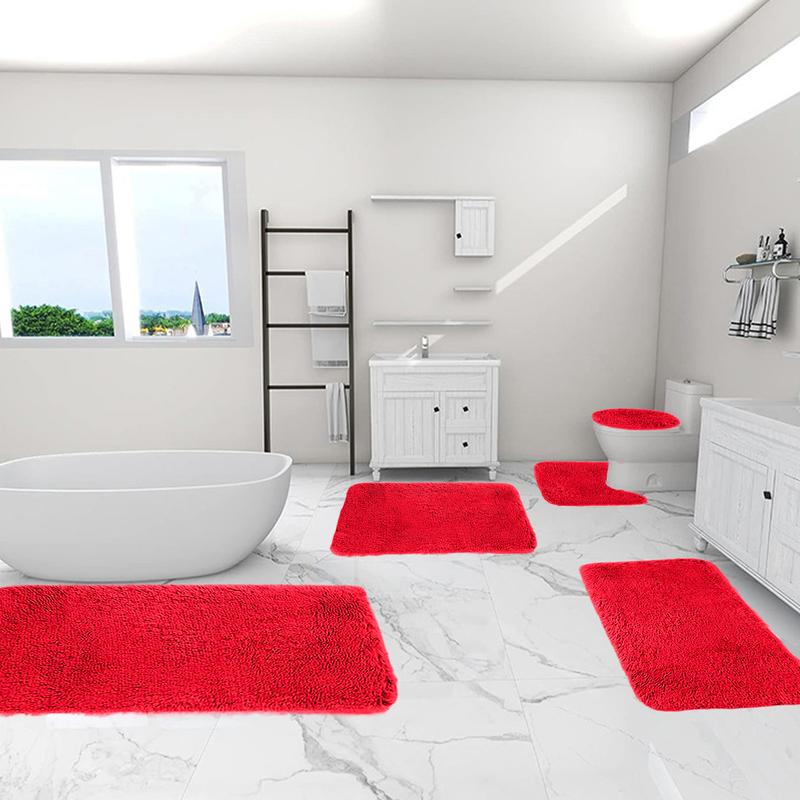 Bathroom Rugs Sets 5 Piece, Red Microfiber Luxury Shaggy Bathroom Mats Set Extra Thick, Mixed Color Non Slip Bath Mats for Bathroom, Water Absorbent, Washable Khaki Bath Rugs for Tub, Toilet and Floor area rug