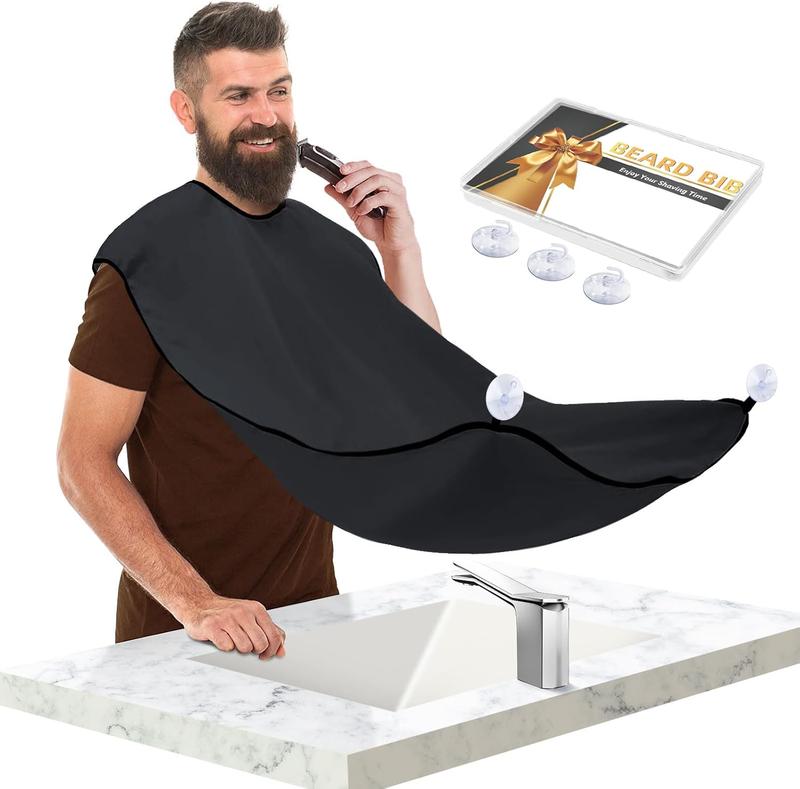 Beard Bib Apron, Stocking Stuffers Christmas White Elephant Gifts for Men Adults Dad Husband, Beard Hair Catcher for Sink, Non-Stick Beard Cape with 3 Suction Cups,  Accessories(Black)