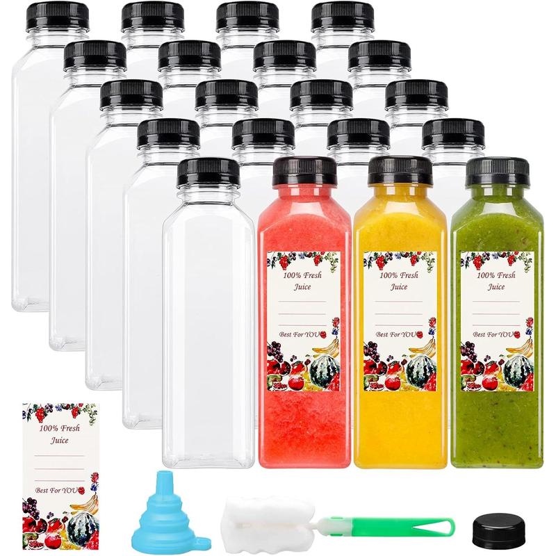 16oz Juice Bottles, Plastic Juicing Bottles with Caps, Clear Bulk Drink Containers with Black Tamper Evident Lids for Juicing, Smoothie, Drinking and Other Beverages